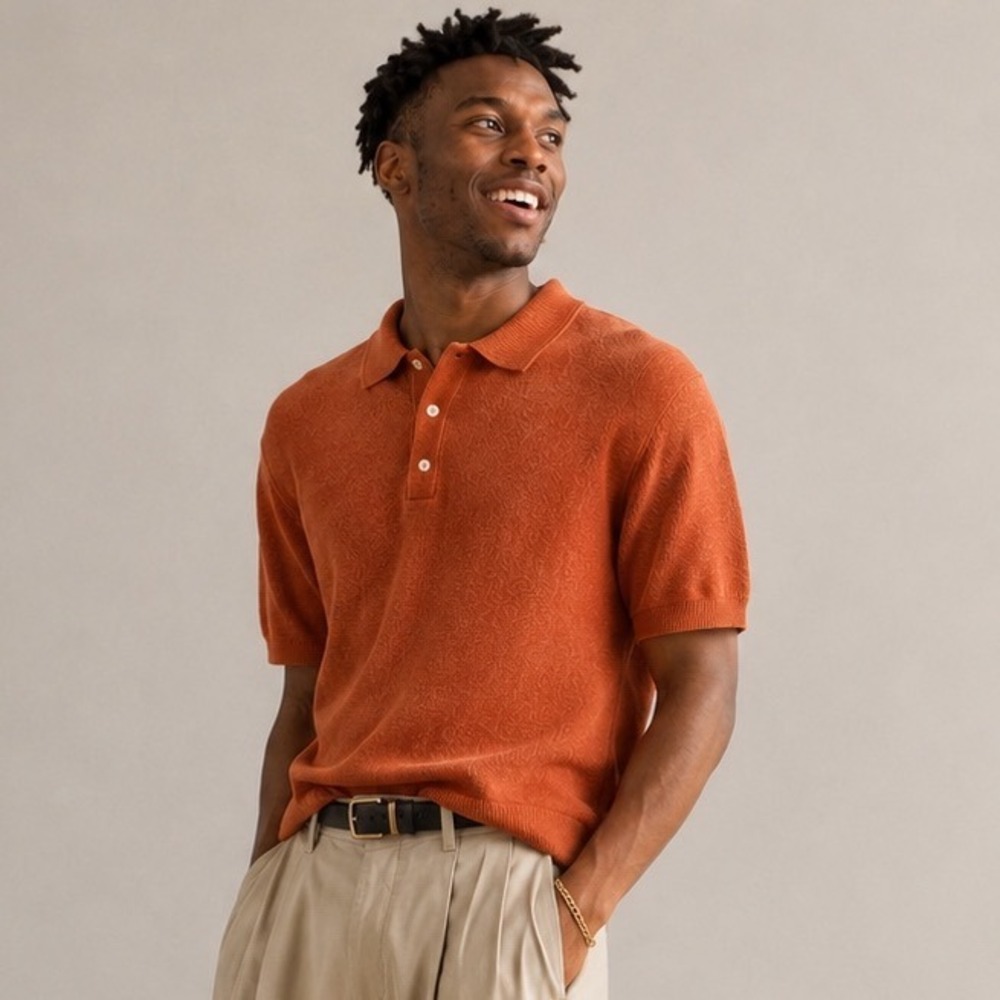 American Eagle Short Sleeve Sweater Polo XXL Orange Textured Knit Retro Resort